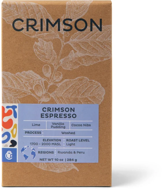 Crimson Espresso Blend — a kraft coffee box with a printed label.