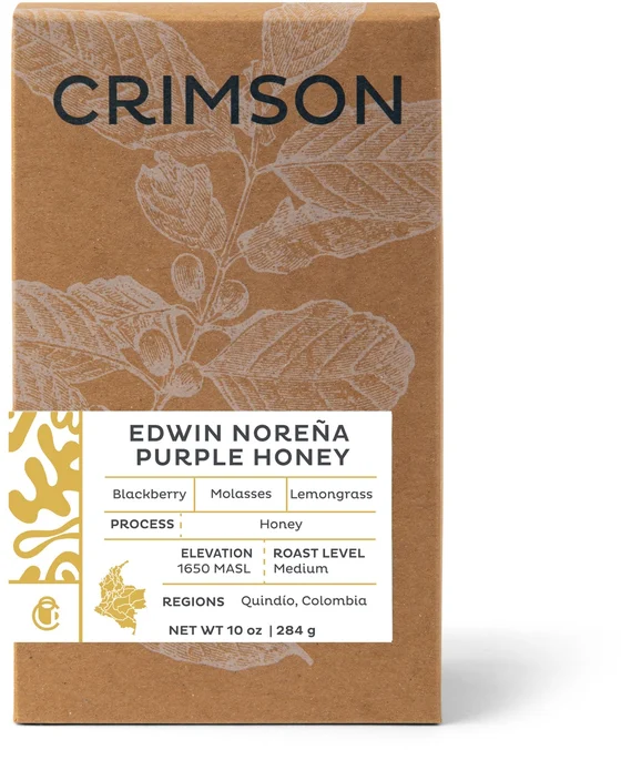 Campos Hermoso · Purple Honey — a kraft coffee box with a printed label.