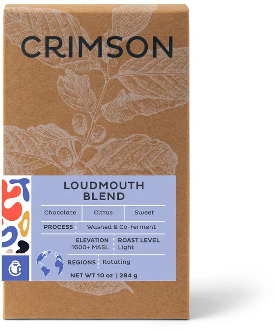 Loudmouth Blend — a kraft coffee box with a printed label.