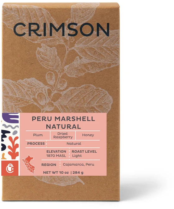 Peru Marshell Natural — a kraft coffee box with a printed label.