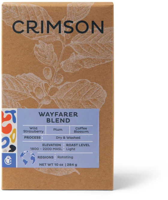 Wayfarer Blend — a kraft coffee box with a printed label.